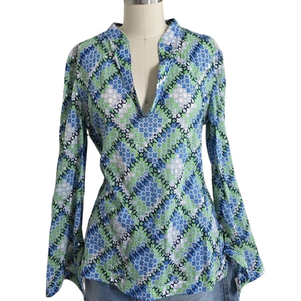 Tory Burch Womens 8 Geometric Print V-Neck Sequin Long Sleeve Blouse Designer